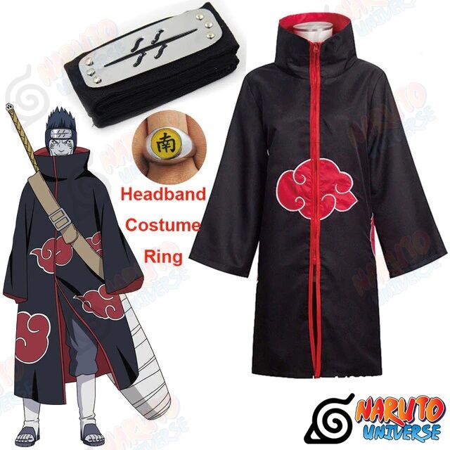 Unisex Long Ninja Robe Akatsuki Cloak Halloween Costume with Naruto Headband，Plastic Minato Kunai， Ring ，Necklack 